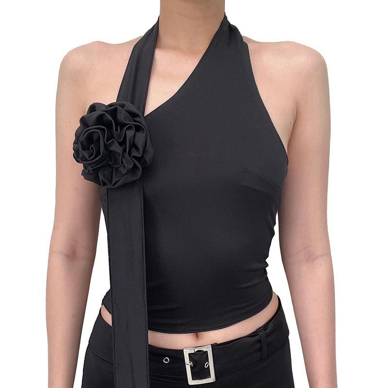 

New Style Three-Dimensional Casual Top with Wild Vest Flowers Black S