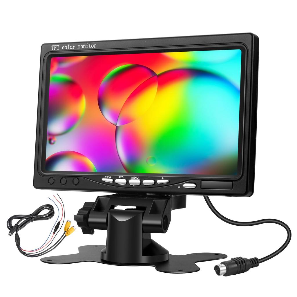 LCD Compatible with 24V to Remote Control Direct Power Backup Dual Headrest Parking Assist Jack 7-inch In-Car On-Dash Monitor, 12V, Switchable,
