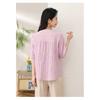 Women Pink V Neck Floral Embroidery Half Placket Three Quarter Sleeve Cotton Linen Blouse