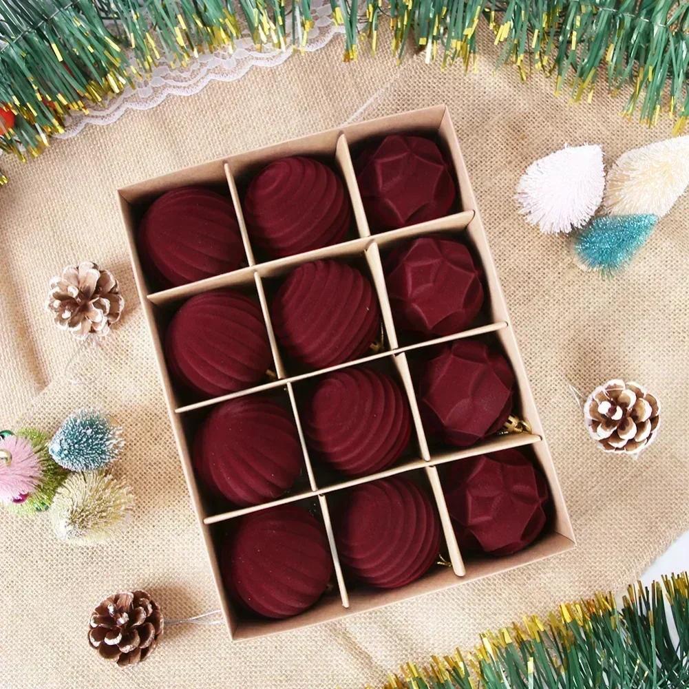 Velvet Christmas Balls 12 Pack for Holiday Decoration Flocked Baubles Appropriate for Tree Window and Table Settings