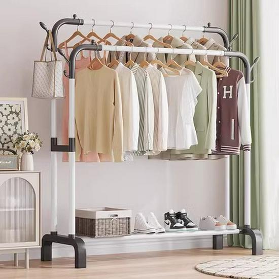 Minimalist Indoor Floor-Standing Coat Rack with Double Pole and Shelf for Bedroom or Balcony