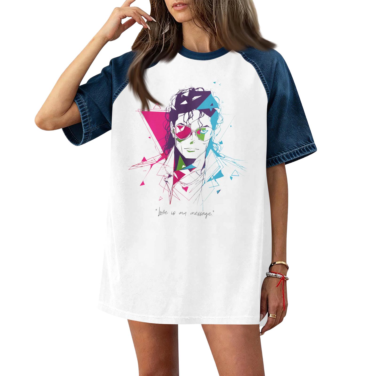 

Women s Denim Patchwork Top, Casual Short-sleeved Comfortable T-shirt, Fashionable For Spring And Summer. XL білий