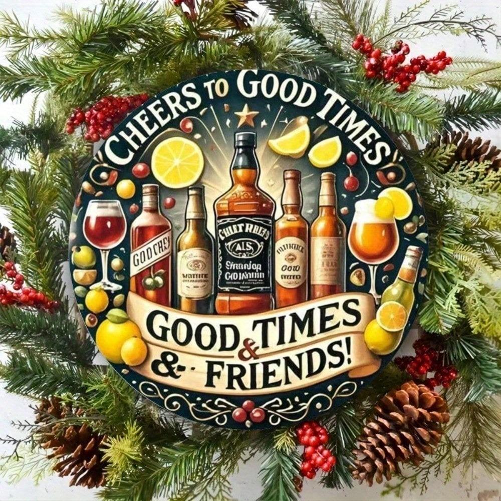 Cheers To Good Times & Friends Aluminum Wall Art, Whiskey Beer Wine Glasses Sign, 7.8 Inch Bar Cafe Garage Decor
