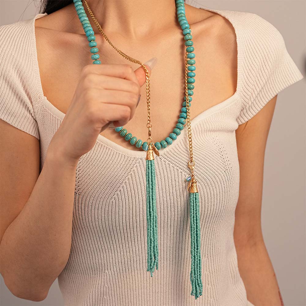 Hanging Neck Bohemian Waist Chain Rice Beads Sweater Chain Portable Long Turquoise Necklace  Girls