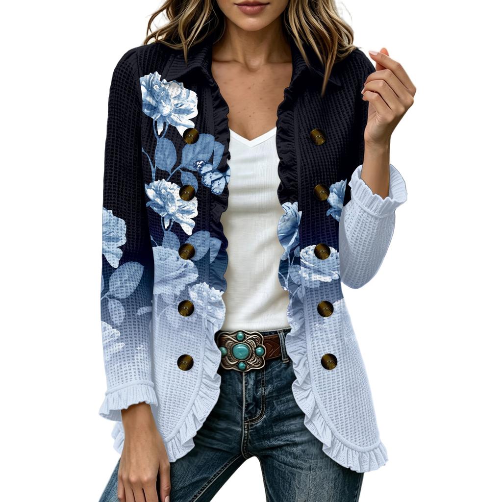 Women's Fashion Floral Print Long Sleeve Ruffle Open Front Cardigan for Casual Wear