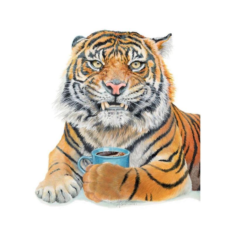Funny Animal, Tiger, Owl, Dog, Cat Drinking Coffee, Poster, Canvas, Painting, Lama, Latte, Coffee, Art Painting for Decoration Cafe