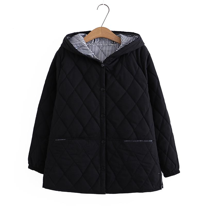 

Осень Зима Большие Размеры Парки Женская Одежда Свободного Кроя Утепленная Куртка Мода С Капюшоном Аргайл Разрез Тонкое Хлопковое Пальто XXL чёрный