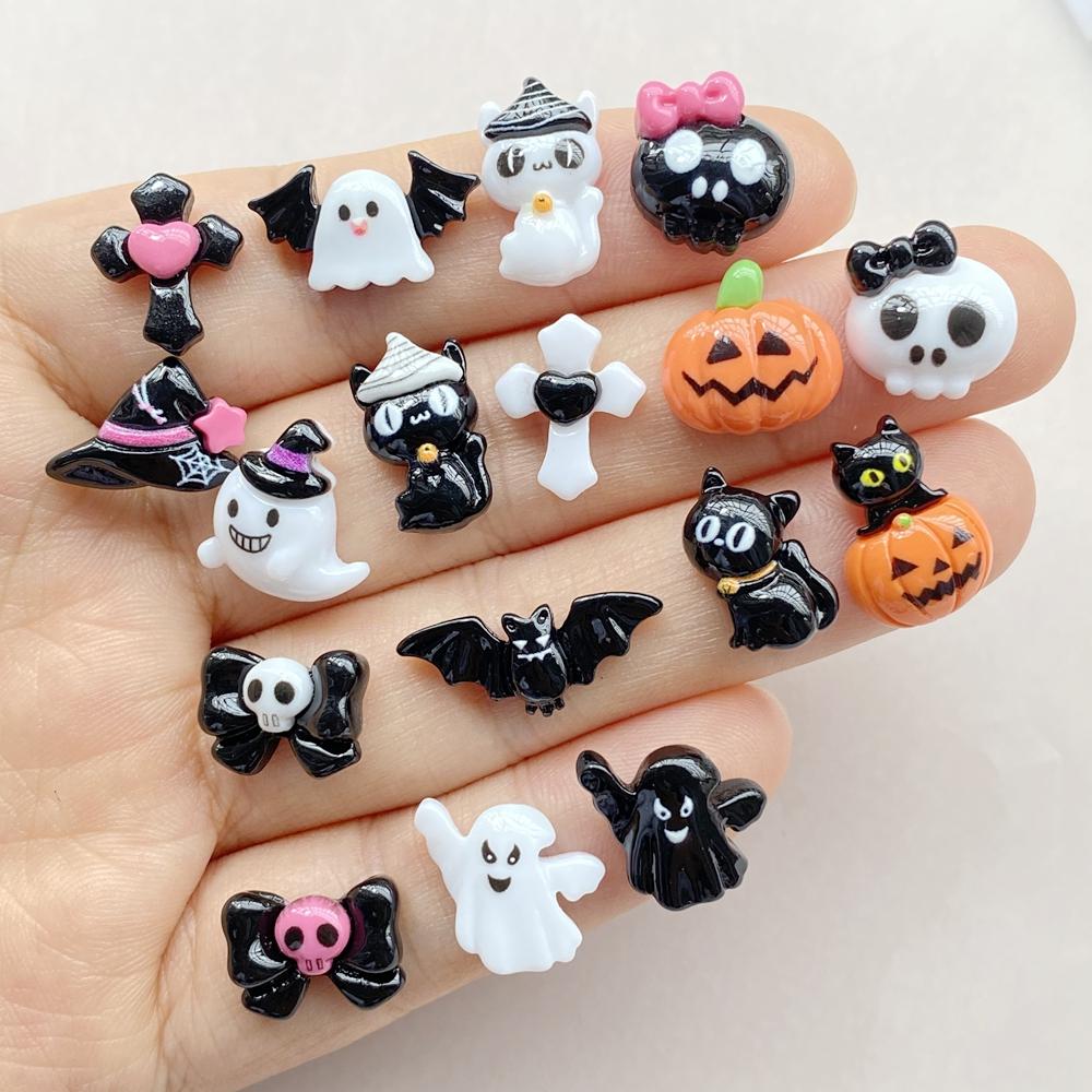 20Pcs Cute Cartoon Halloween cat, pumpkin, bat Nail Art Resin Designer Charms DIY Craft For Nail 3D Decorations Jewelry