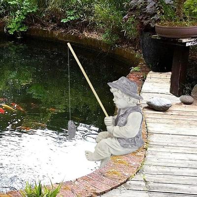Sculpture de Pelouse Figurine de Pêcheur en Résine Garçon Amusant avec Canne Amovible Figurine de Canne à Pêche Statues de Jardin Jardin