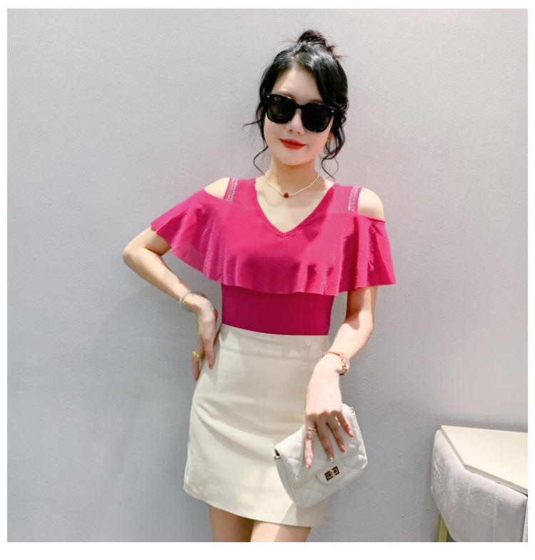 2024 Chic Off-Shoulder Diamond Accent Lotus Sleeve T-Shirt
