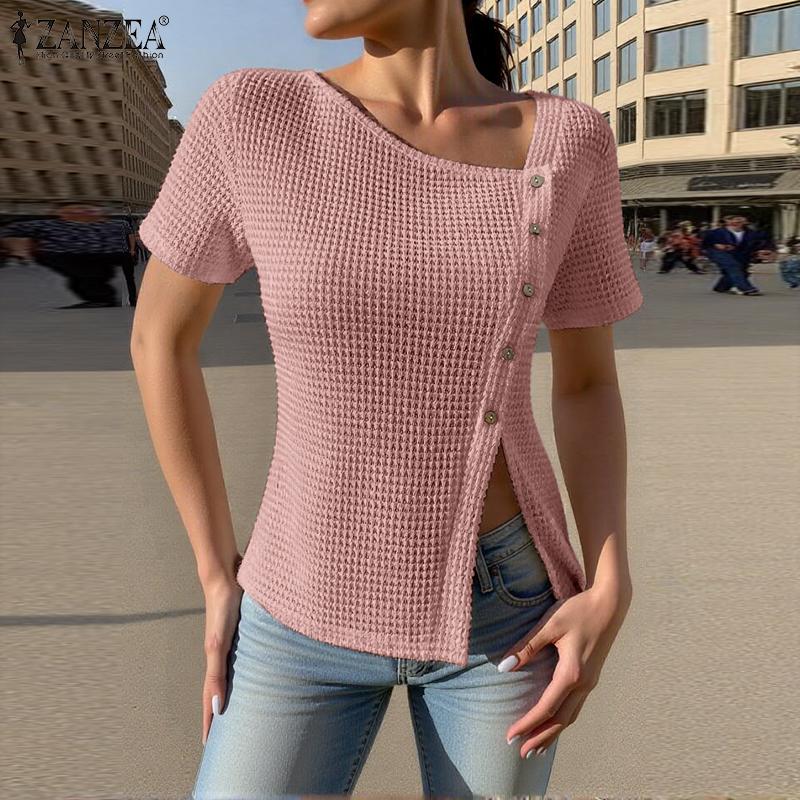 ZANZEA Womens Summer Round Neck Casual Short Sleeve Blouse