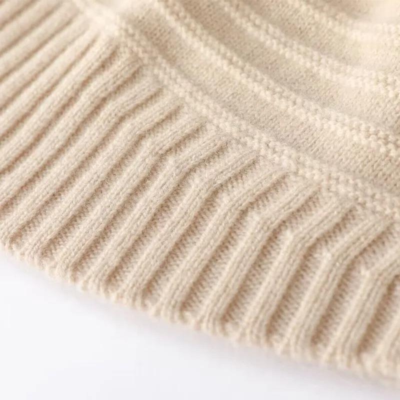 Women's Pure Wool Knit Beanie Hat Winter Warm Striped Pattern Soft Cozy Thickened Cap Headwear for Cold Weather Hiking