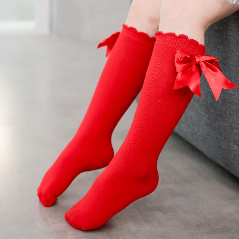 Pudcoco Infant Baby Girl Below Knee Socks, Solid Color Bow Decor Stockings Breathable Clothing Accessory 0-2T