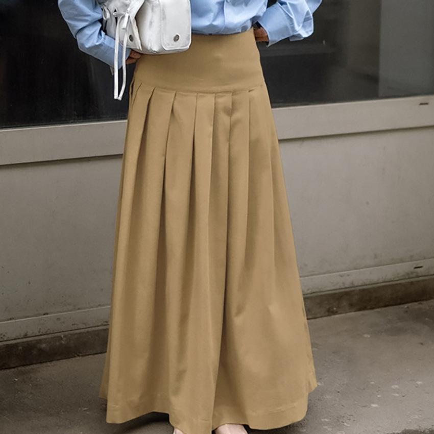 

Женская плиссированная длинная юбка, повседневная свободная с высокой талией, плиссированная однотонная винтажная эластичная юбка, осень-зима, А-силуэт, офисные юбки-свинг L хаки