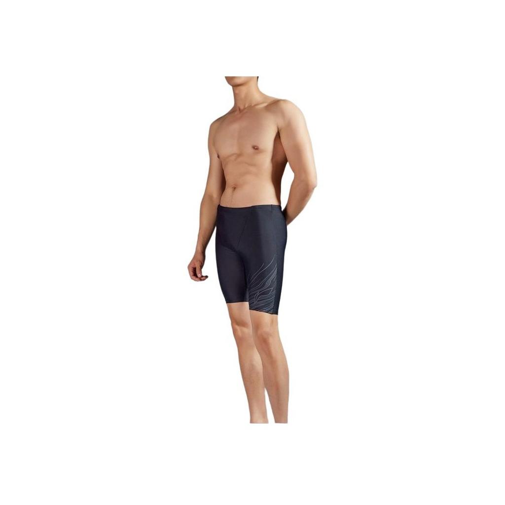 Li Ning Swimming Series Printed Mid Waist Straight Leg Swim Trunks Men swimwear Black ASLT091-1