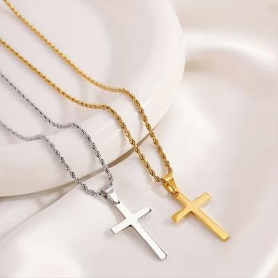 Perfect for Men's Jewelry Accessories Gold-Plated Cross Pendant with Minimalist Fashionable 1pc Stainless Steel Stylish Rope Chain Necklace  Jewelry