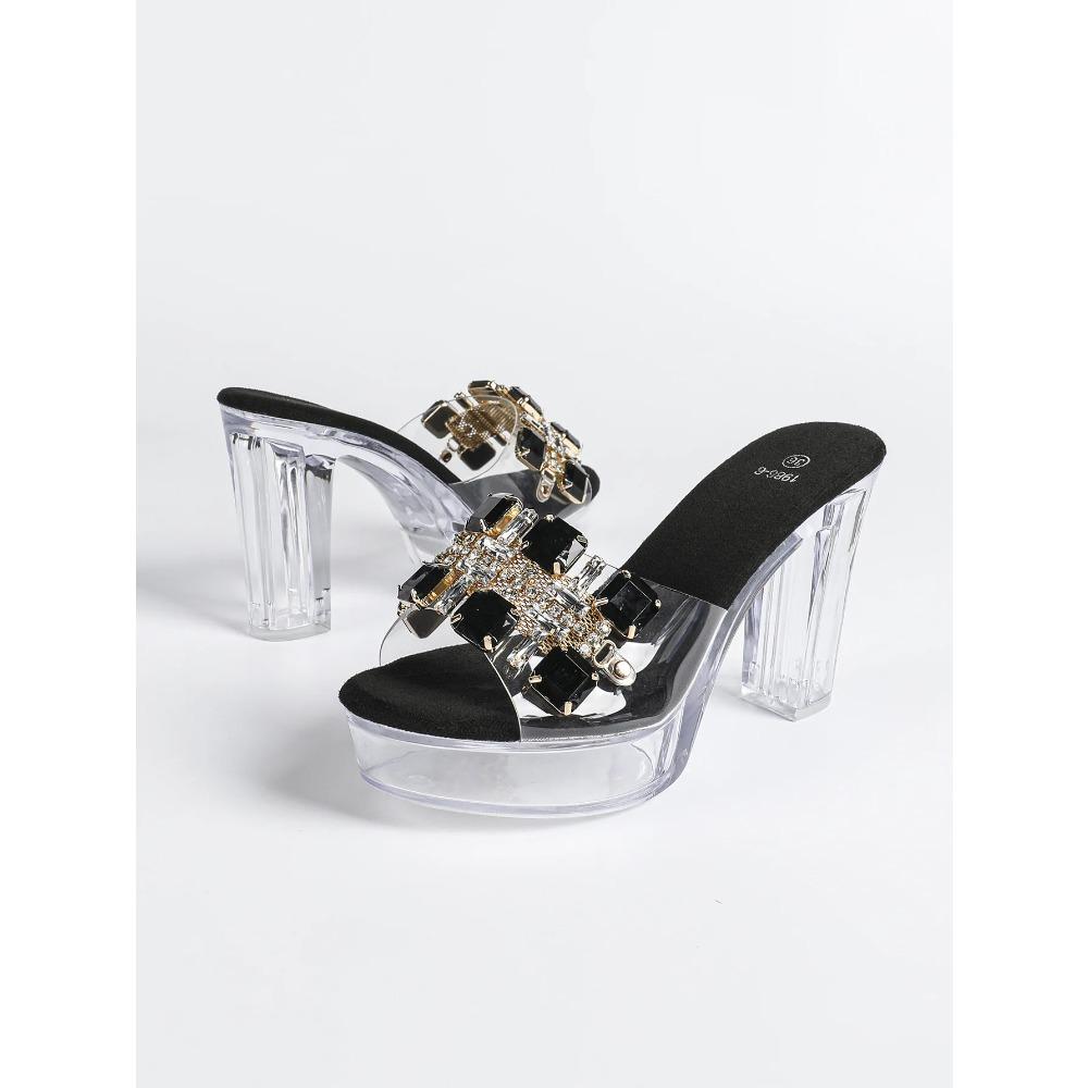Women's 12cm Clear Chunky Heel Sandals - Fashion Square Toe Rhinestone Non-Slip Nightclub Shoes LFD-19866-10