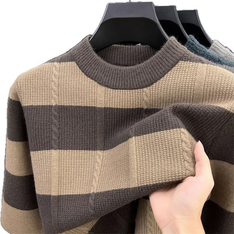 Men's Winter Striped Jacquard Crew Neck Long Sleeve Casual Knit Sweater