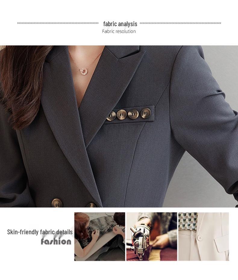 Women's Double-Breasted Gray Suit Dress - Mid-Length, High-End Professional Workwear for Spring and Autumn