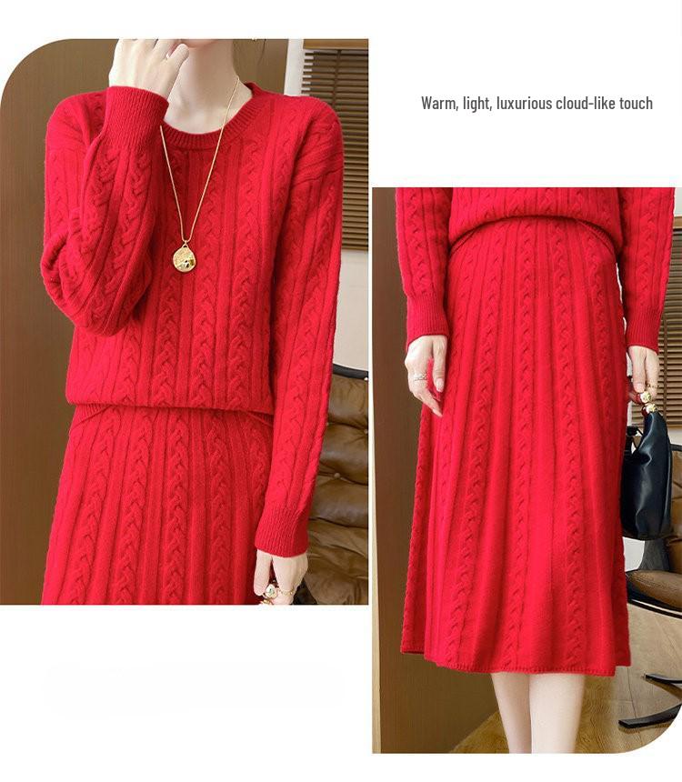 Women's 2026 Autumn/Winter Twisted Pattern Knitwear Set: Round Neck Sweater and Skirt