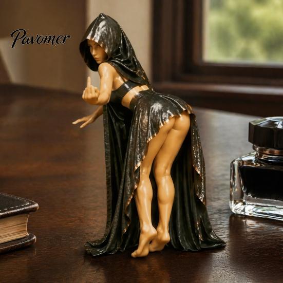 Vintage Gothic Shelf Sculpture Forbidden Library Witch Resin Statue Decor, Gesture Hooded Figurine, Mysterious Tabletop Decor Medieval Fantasy