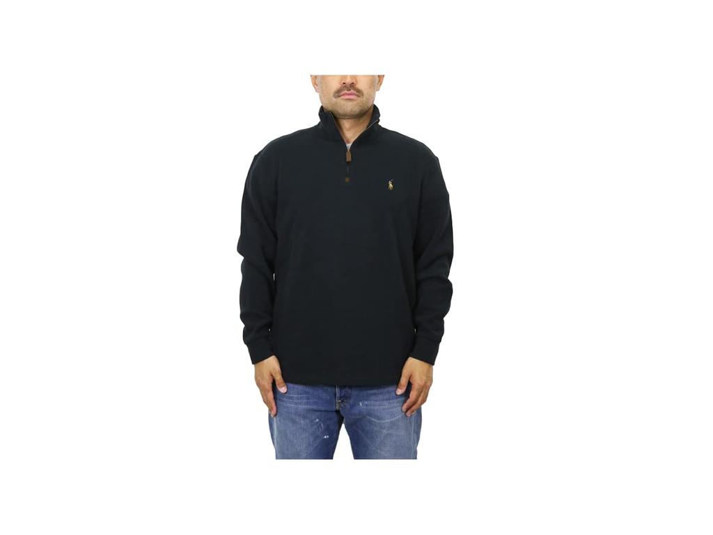 Ralph Half Zip Pullover Plain Sweatshirt Leather Pull Pony Embroidery (Polo Lauren) Men's 0102999-XXL-BLACK [Item]