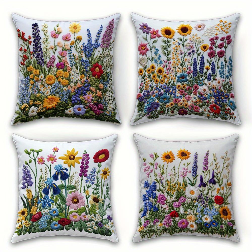 1/4pcs Floral Embroidered Pillowcases with Colorful Flowers Sofa Cushion Cover Home Bedroom Room Decoration