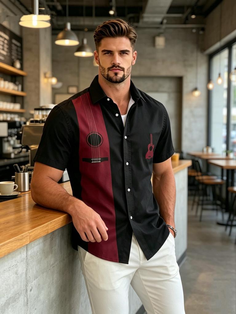 Printed Design – Not Textured European and American Men's Casual Short-Sleeve Shirt with Music Element Pattern Digital Print, Lapel Cardigan,
