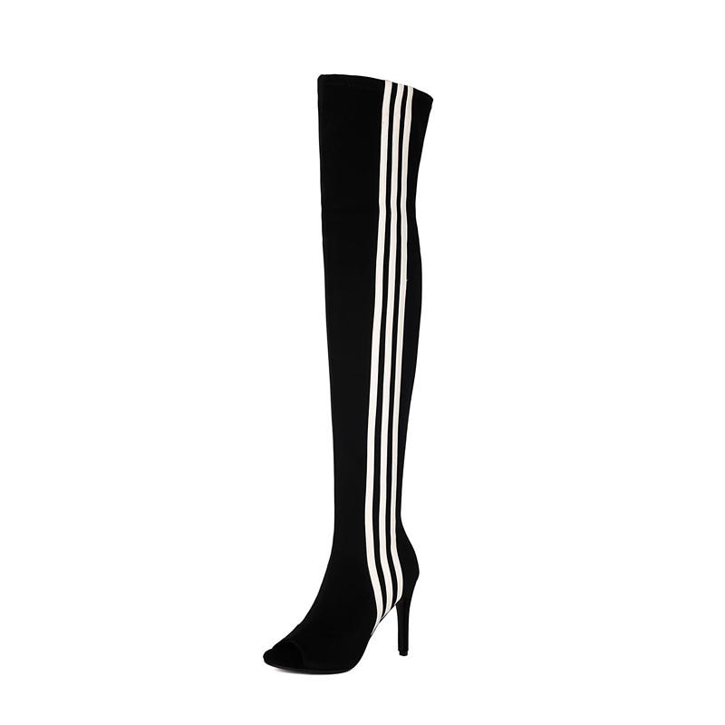 Damen-Stiefel mit hohen Absätzen, sexy europäischer und amerikanischer Stil, hochhackige Überknie-Stiefel mit offenen Zehen in großen Größen.