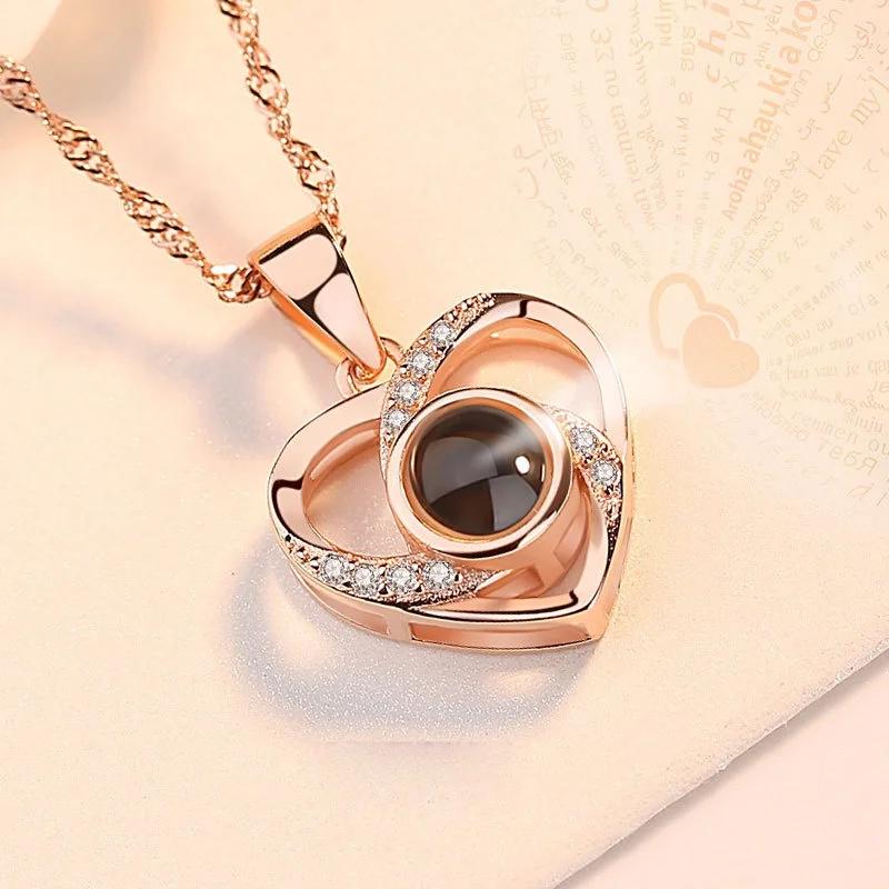 Love Heart Projection Necklace 100 Languages I Love You Pendant Jewelry for Girlfriend Couple Romantic Fashion Accessories Gifts