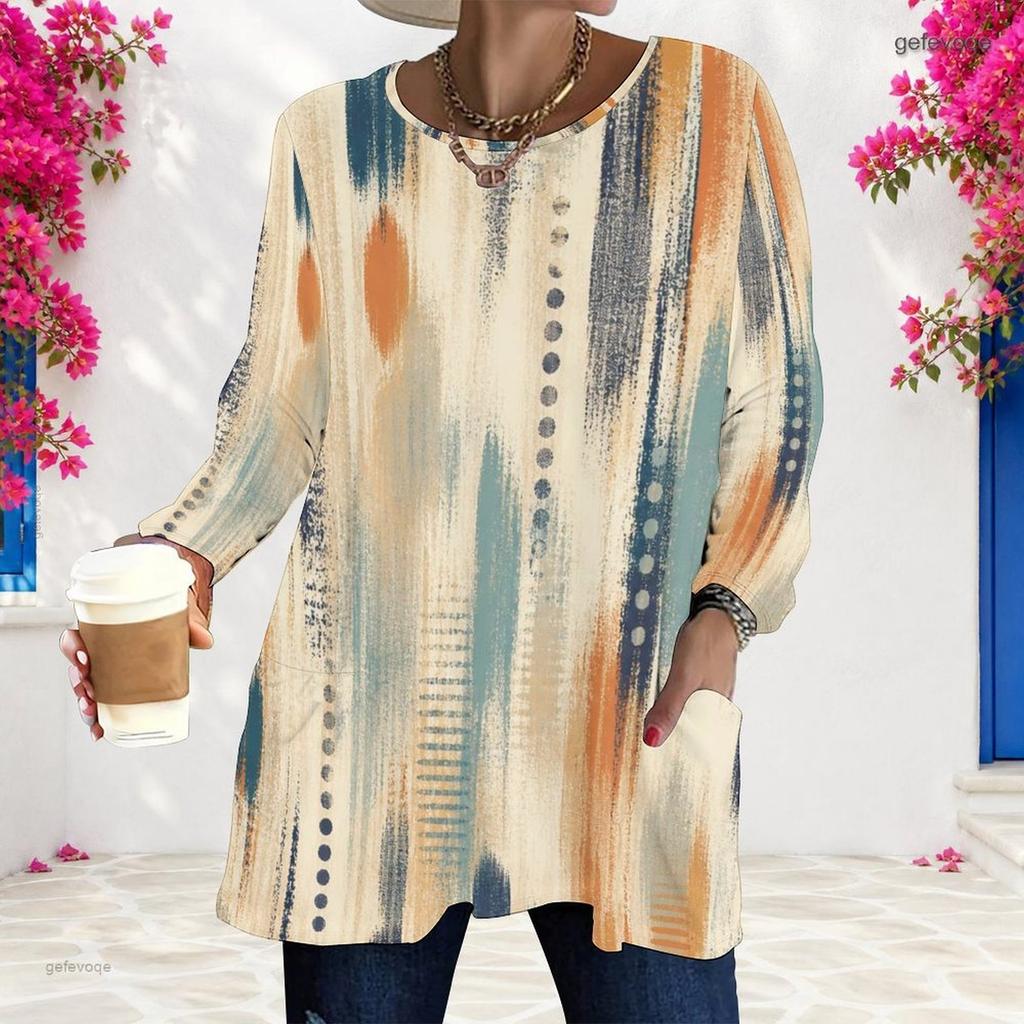 Women Plus Size Round Neck Long Sleeve Abstract Printed Loose Fit Longline T Shirt With Pockets