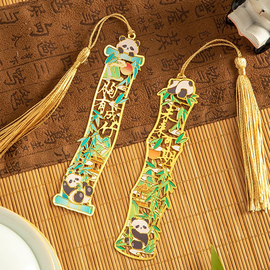 4er Set Chinesischer Panda Metall Lesezeichen mit hohem ästhetischem Wert, exquisites filigranes süßes kulturelles und kreatives Geschenk für Schüler