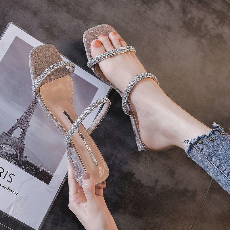 Sandalias de Mujer con Pedrería Verano Elegantes Zapatos de Punta Abierta Estilo Coreano Moda Tacón Grueso Tacón Bajo Zapatillas de Fiesta