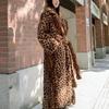 Fur leopard print extended loose suit collar fur jacket imitation rabbit fur knee coat lapel collar women