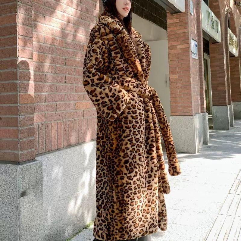 Fur leopard print extended loose suit collar fur jacket imitation rabbit fur knee coat lapel collar women
