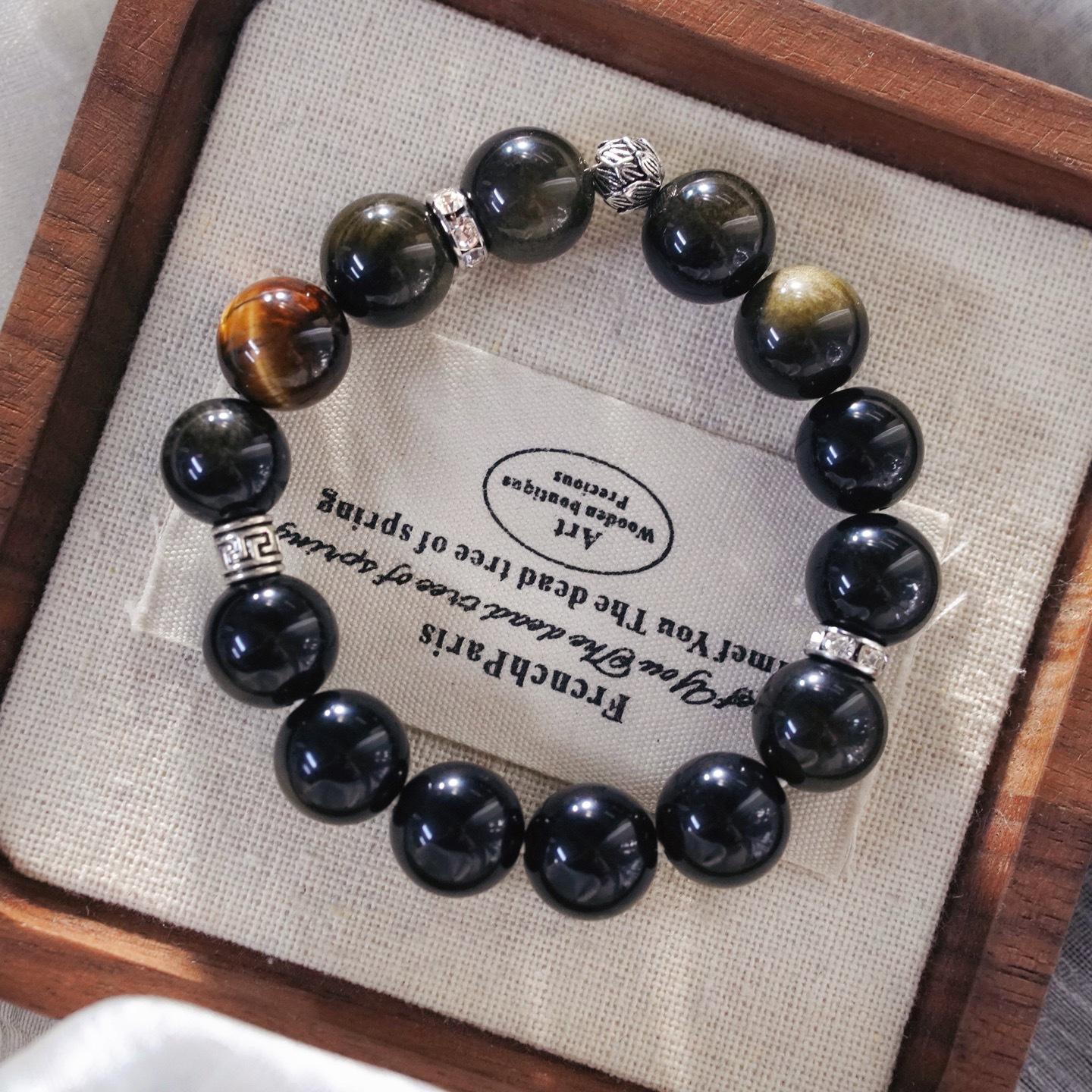 12Mm Large Particle High Quality Natural Tiger Eye Stone Obsidian Design Bracelet Bracelet