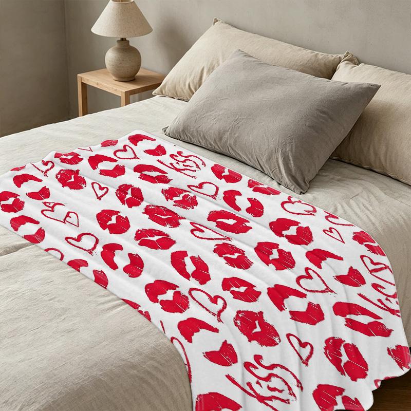 Soft Flannel Blanket Anti-Pilling, Red Lips & Hearts Design, Warm Cozy All Season for Home & Couch Napping, Valentine's Day Gift