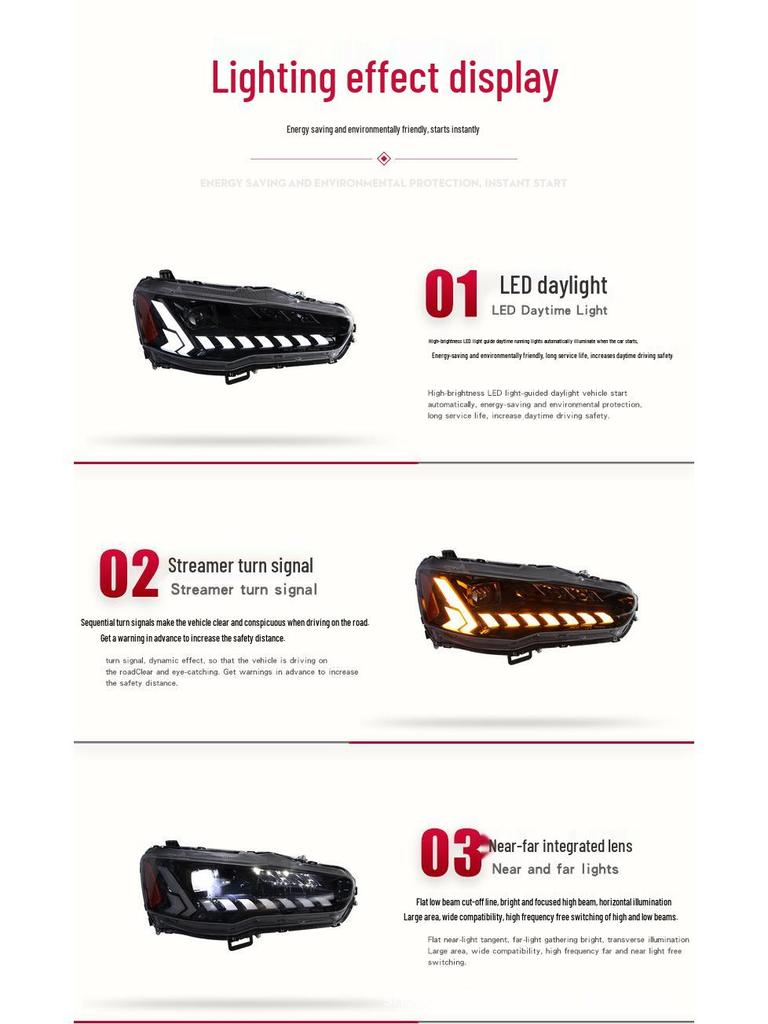 Fits 09-16 Mitsubishi Lancer: EVO Modified LED Headlight Assembly with DRL and Sequential Turn Signal