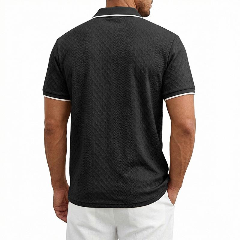 Men's Heavyweight Vintage Loose Jacquard Zip Short Sleeve Polo Shirt.
