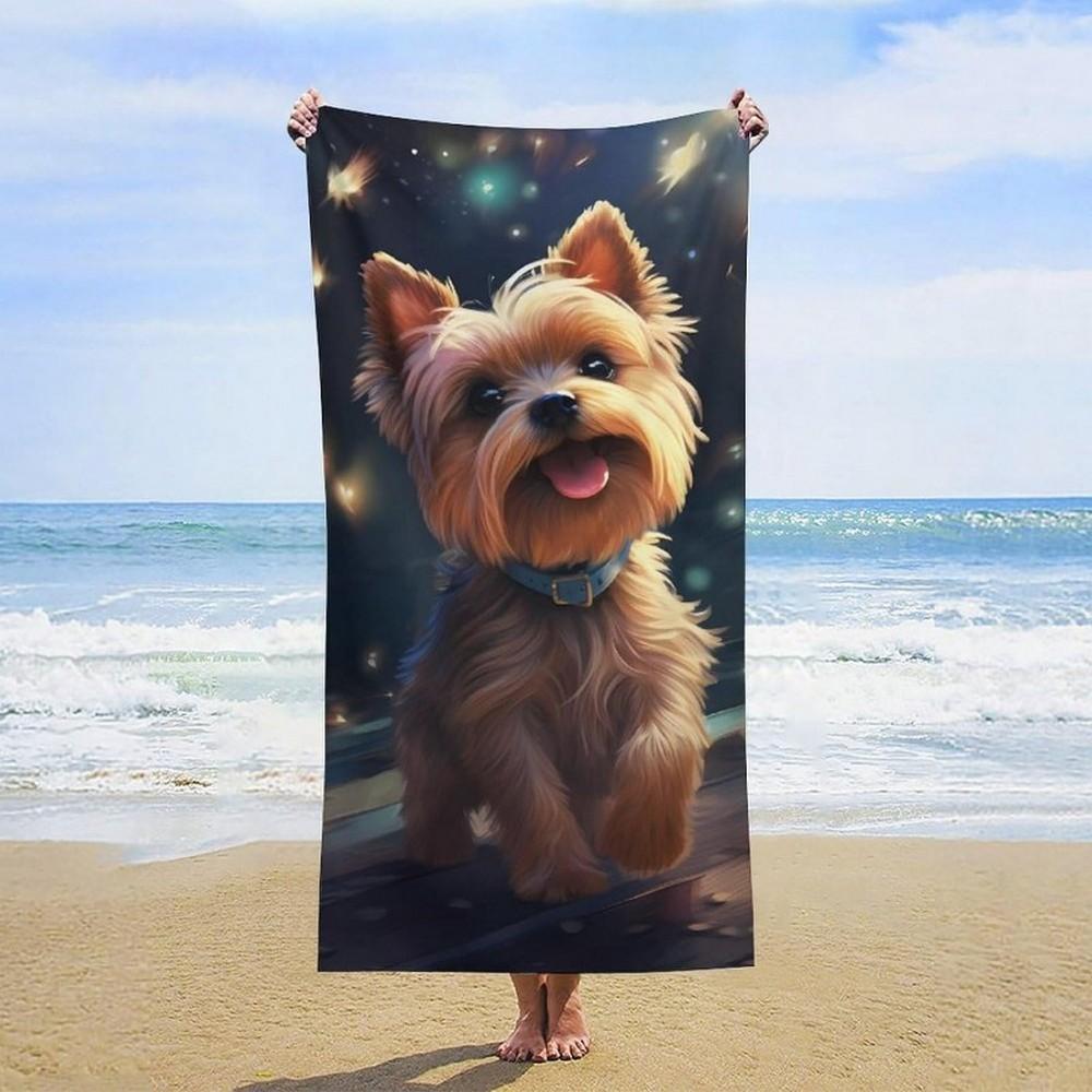 Yorkie Puppy Night Glow Beach Towel Patterned Sunscreen And Windproof Suitable For Swimming Pool Camping Travel Blanket