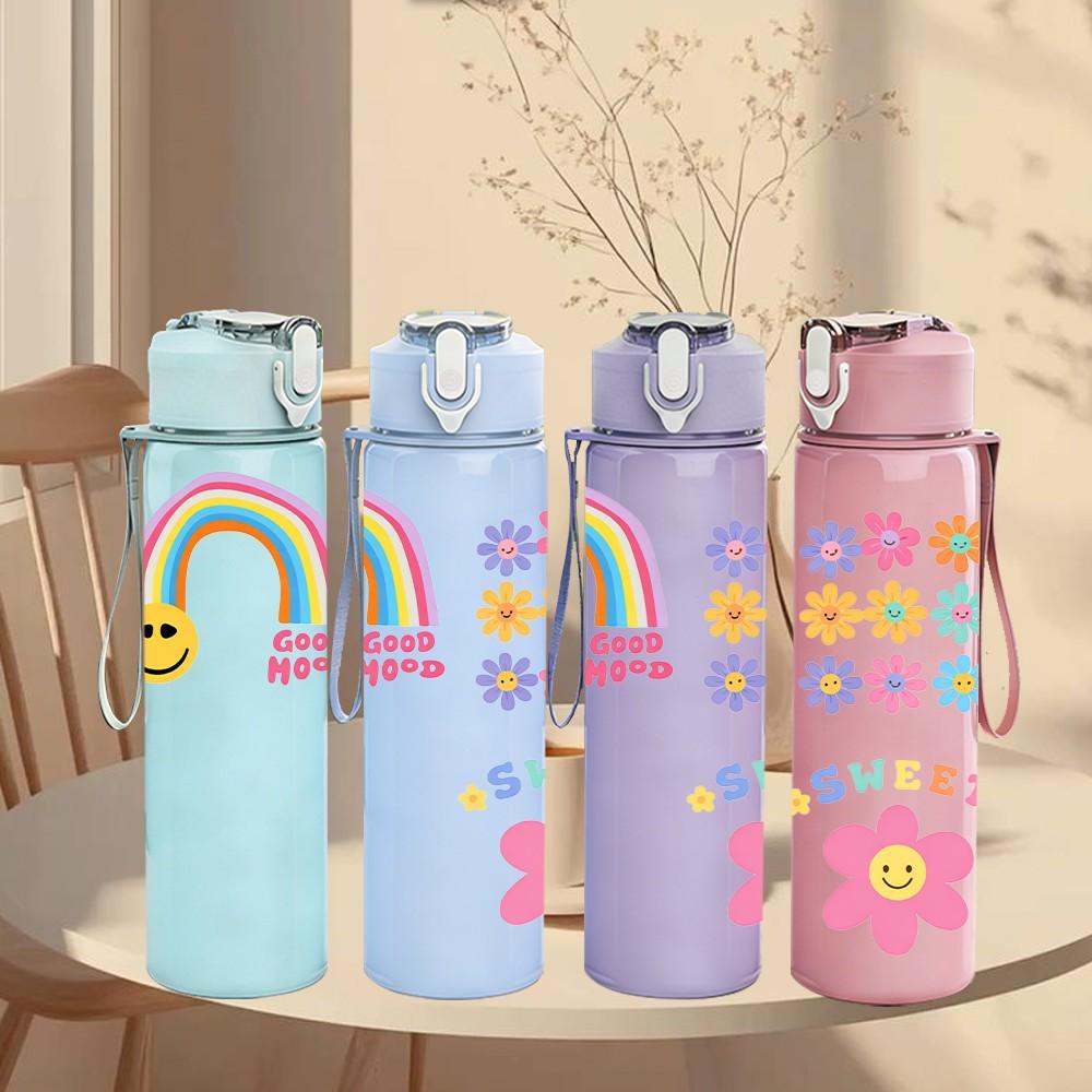 1PC Rainbow Sun Flower Cute Pastel Print 750ml Color Plastic Sports Water Bottle Leakproof Flip Straw Lid Suitable for Sports Office Home Use