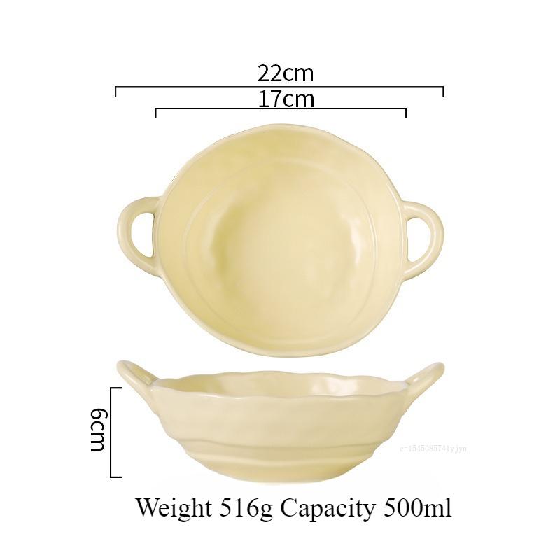 Ceramic Salad Bowl with Handle Binaural Bowl Irregular Ceramic Kitchen Soup Noodles Dessert Salad Bowl Heat-resistant Design 1PC