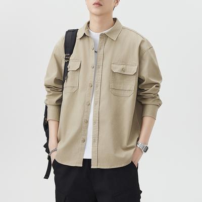 Amerikanisches Retro Baumwollhemd mit mehreren Taschen Langarm Herren Japanisches Lässiges Lockeres Hemd