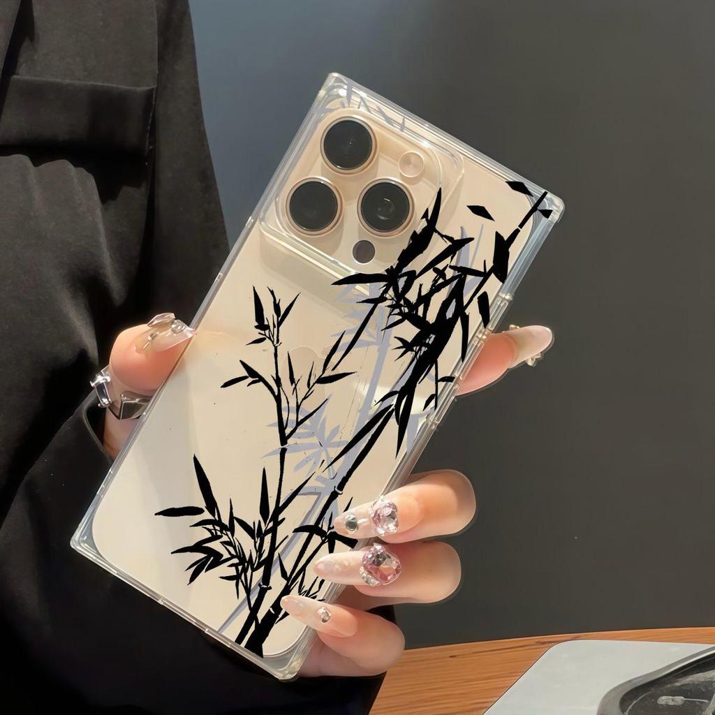 Transparent Square Back Tube Case Casing Protection For iPhone 15 Plus 11 14 Pro Max 16 ProMax 13 12 Anti-Oxygen,Ink bamboo Pattern