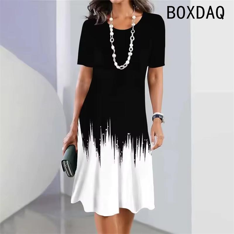 Vintage Elegantes Damenkleid Sommer Kurzarm Rundhalsausschnitt Lässig A-Linie Kleid Schwarz Weiß Farbverlauf 3D Digitaldruck Kleid