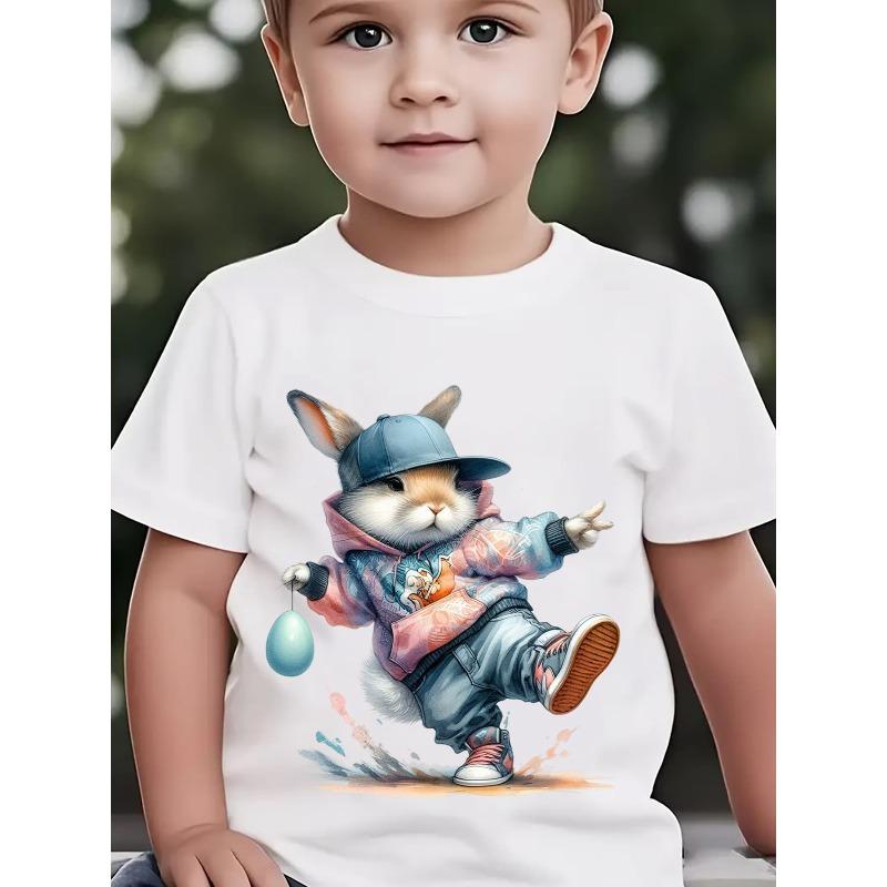 Boys Easter Short Sleeve T-Shirt, Cartoon Easter Bunny Wearing Baseball Cap Sweatshirt Print 110
