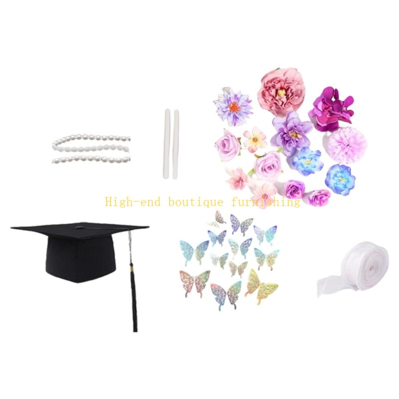 

Graduation Hat Embellishments with Butterfly Sticker Pearls Artificial Flower