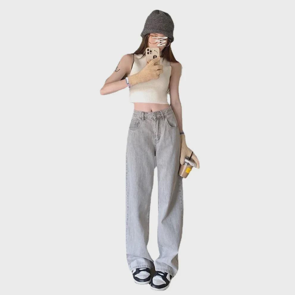 Women's High-Waist Light Gray Wide-Leg Retro Jeans