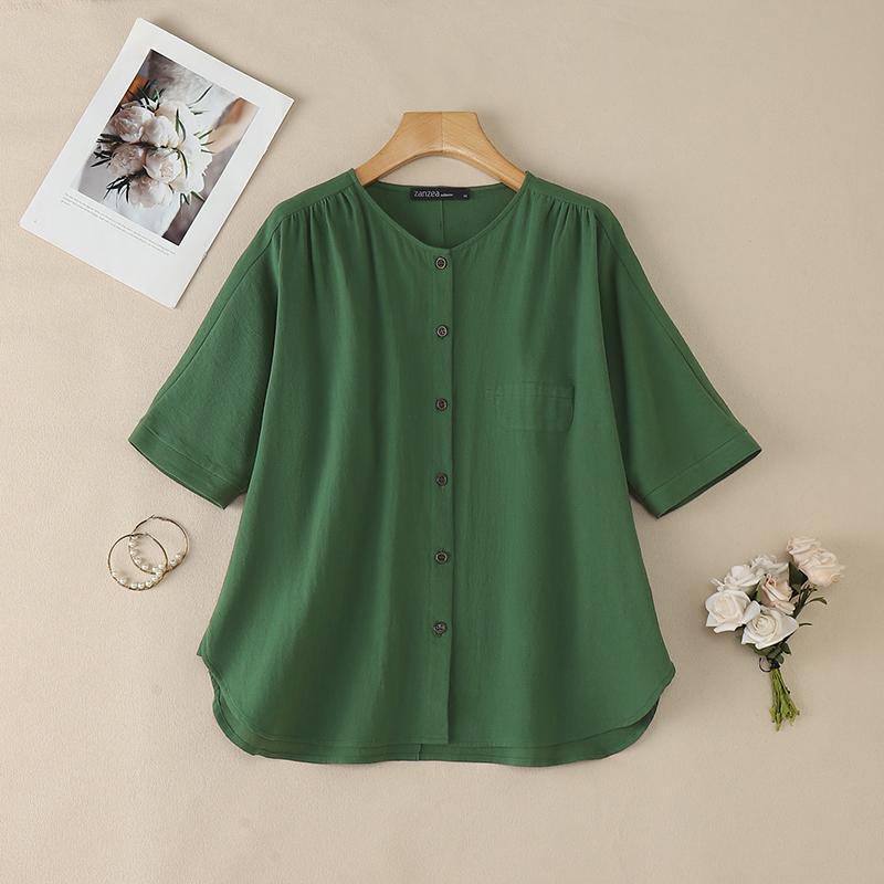 ZANZEA Dámská ležérní bavlněná halenka s kulatým výstřihem, jednobarevná, s 3/4 rukávem