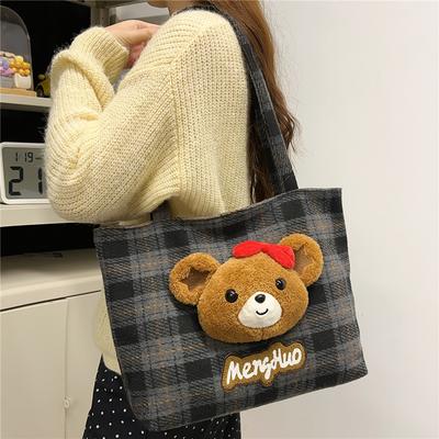 Bear Shoulder Bag Women's Bag Vintage Plaid Tote Bag